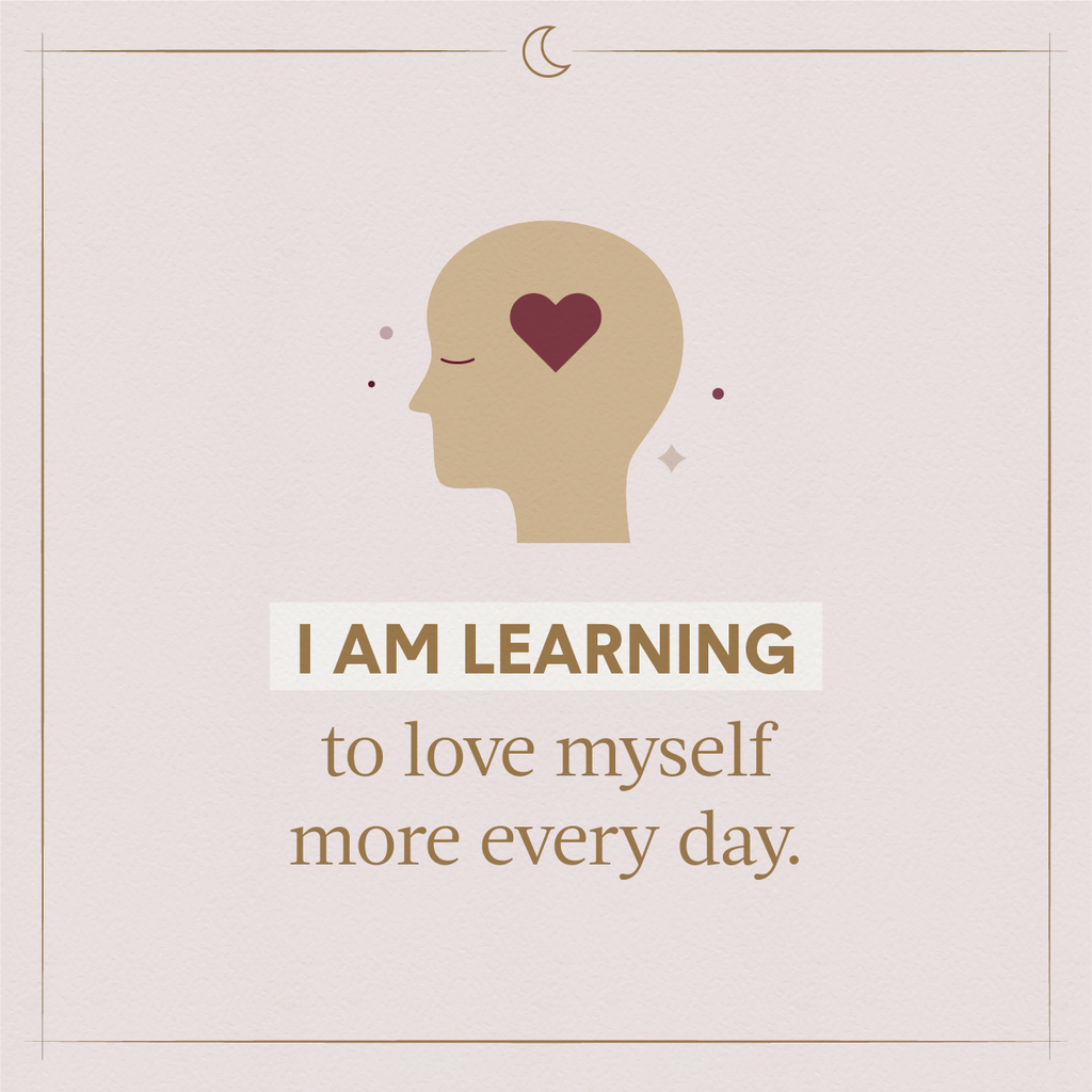 A gold illustrated head with its eyes closed and a heart where its brain is indicating using sleeping affirmations to learn to love oneself