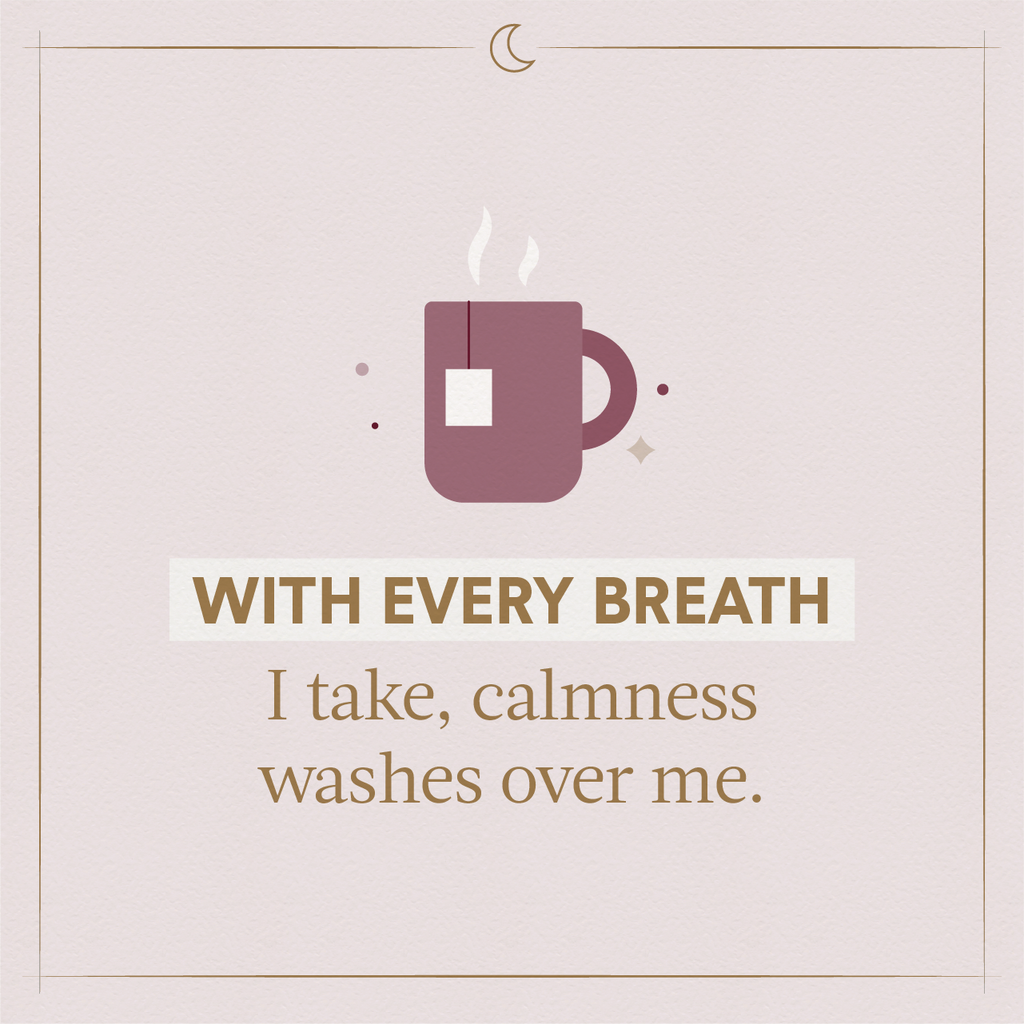 A purple illustrated cup of tea indicating using sleeping affirmations to let calmness wash over you