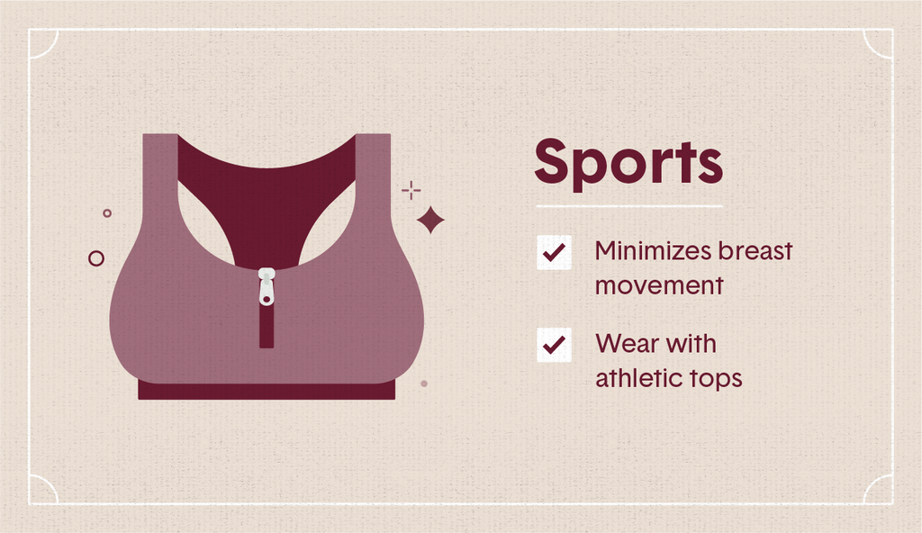 Maroon illustration of a sports bra with a middle zipper surrounding decorative elements as well as two white check mark boxes