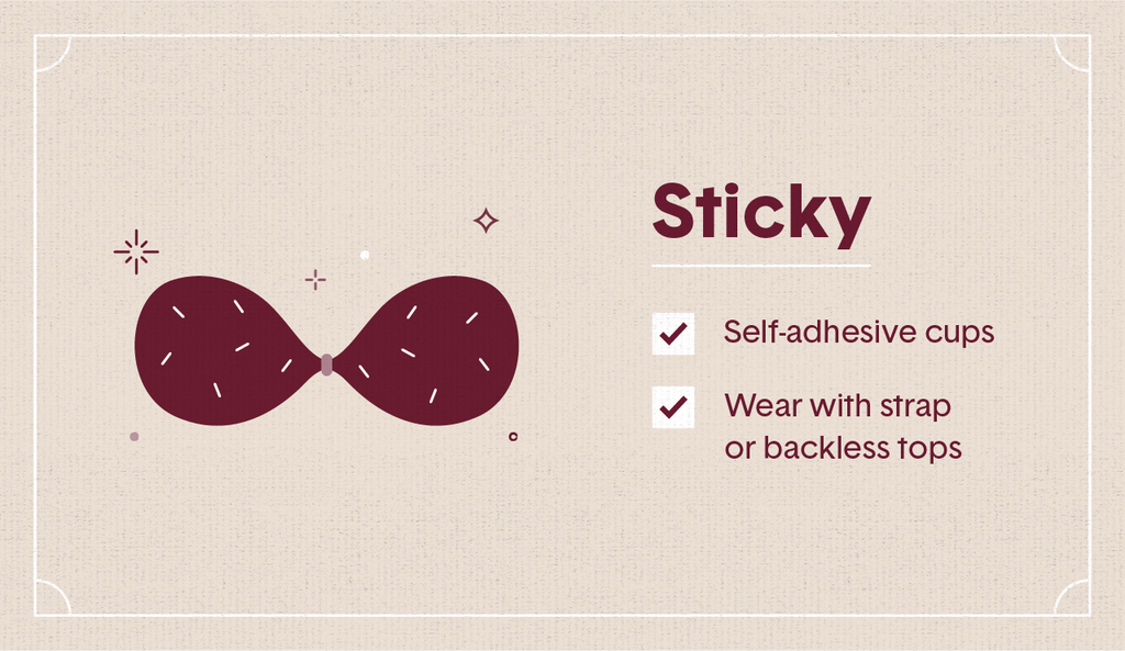 Maroon illustration of a sticky bra with surrounding decorative elements like stars and dots as well as two white check mark boxes