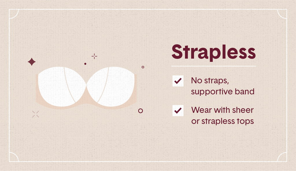 White illustration of a strapless bra with surrounding decorative elements like stars and dots as well as two white check mark boxes