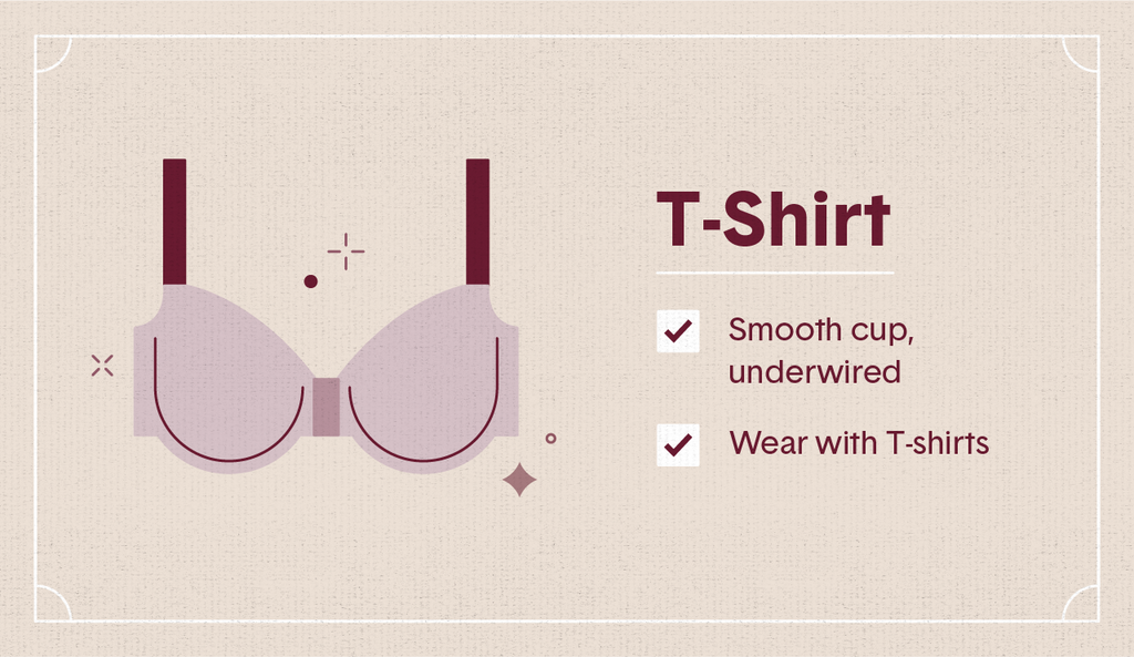 Light pink illustration of a T-shirt bra with maroon straps with surrounding decorative elements as well as two white check mark boxes