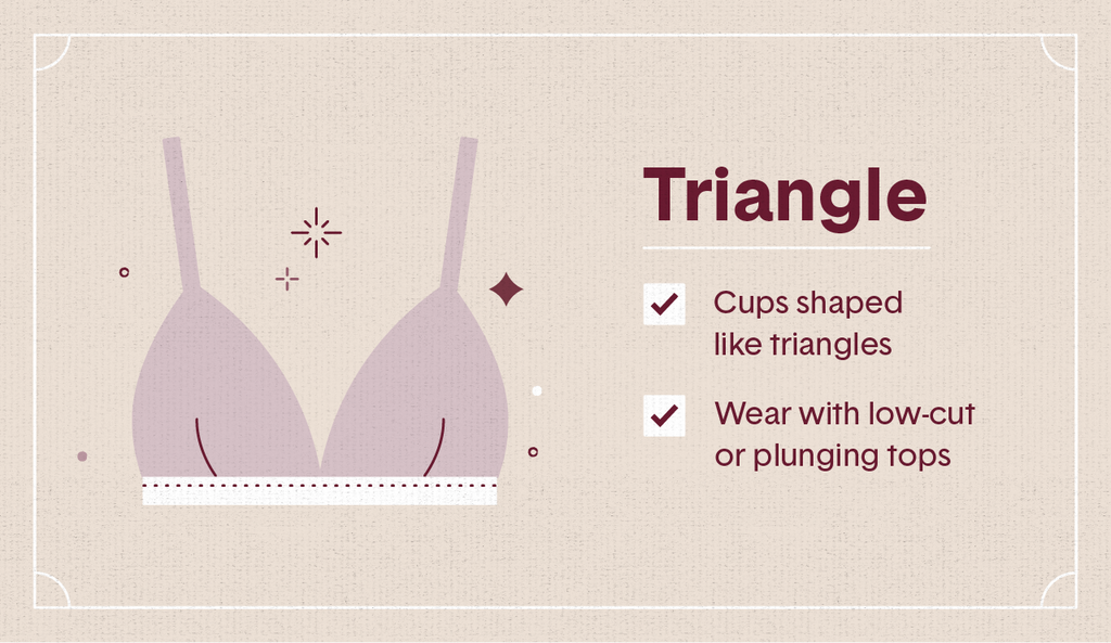 Light pink illustration of a triangle bra with surrounding decorative elements like stars and dots as well as two white check mark boxes