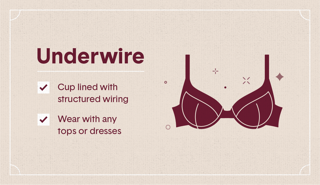 Maroon illustration of an underwire bra with white stripes, surrounding decorative elements as well as two white check mark boxes