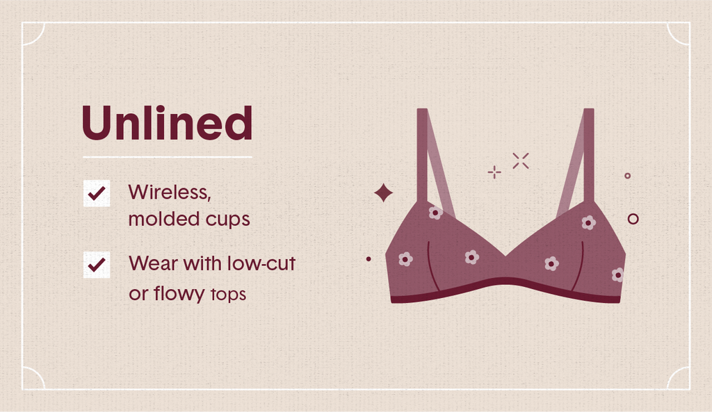 Light maroon illustration of a unlined bra covered in flowers with surrounding decorative elements like stars and dots as well as two white check mark boxes