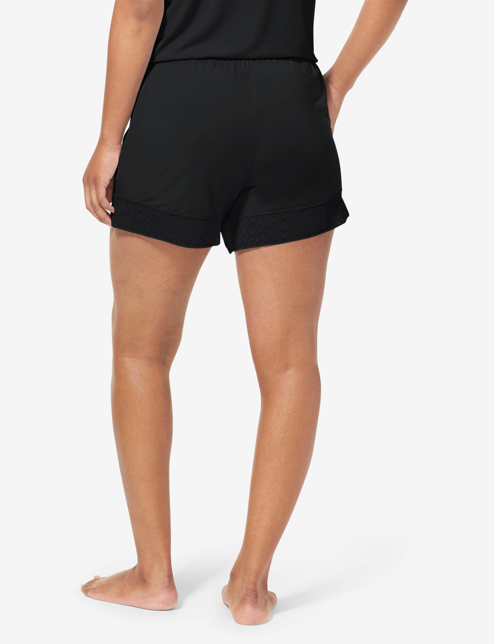 Women's Lace Trim Short Sleeve Top and Short Pajama Set, Black