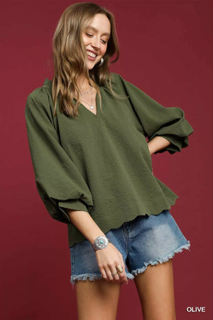 Umgee Full Size Textured Notched Balloon Sleeve Blouse Plus Size - Sundance Clothing