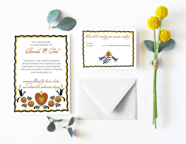 stylish and quirky folk art wedding invitation suite