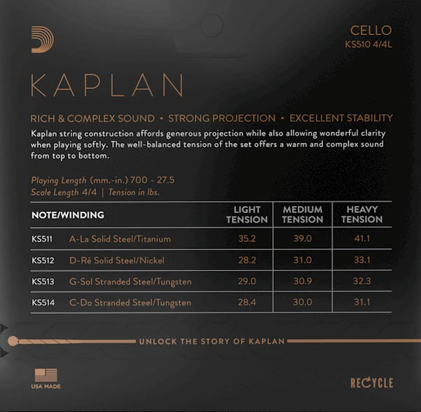 D'Addario KS511 Kaplan Solutions 4/4 Size Cello A String Medium