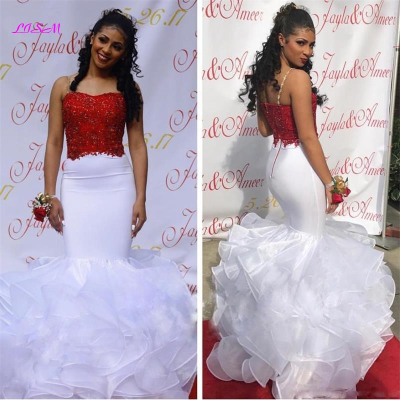 2019 Black Girl White Mermaid Prom Dresses Spaghetti Strap Arabic Long