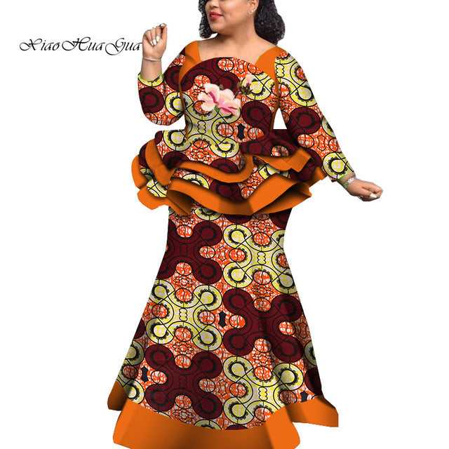 Africa Style Bazin Riche Dresses For Women Two Pieces Set Women Long Sleeve Tops And Print Mermaid Skirt Plus Size Afcol328 African Clothing Online