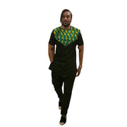 Festival Africa Print Men Tops+Pants Set Customized African Outfits For Man Dashiki Short Sleeve Shirts With Black Trousers