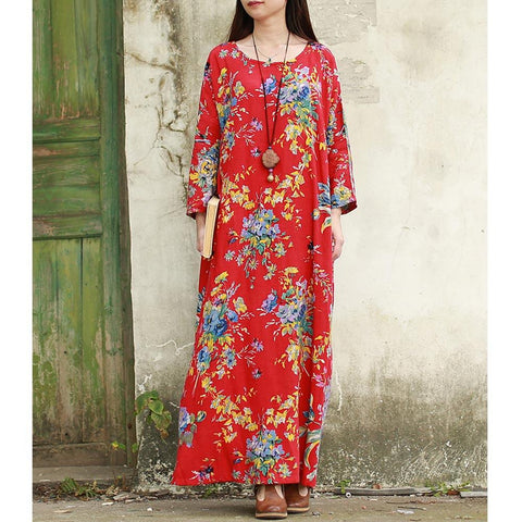 EaseHut 2019 New Vintage Women Maxi Floral Dress Plus Size Long Sleeves Pockets O Neck Cotton Linen Loose Robe Dresses Vestidos - African Clothing Online