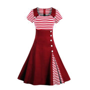Aovica 3XL 4XL Plus Size Women Pin Up Red White Striped Patchwork Dress Retro Short Sleeve Botton Docorated 1950s Vintage Dress - African Clothing Online