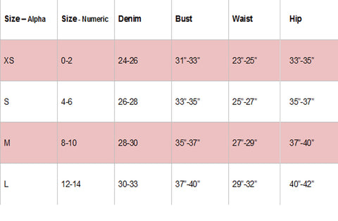 Meadow and Brook women's clothing size chart