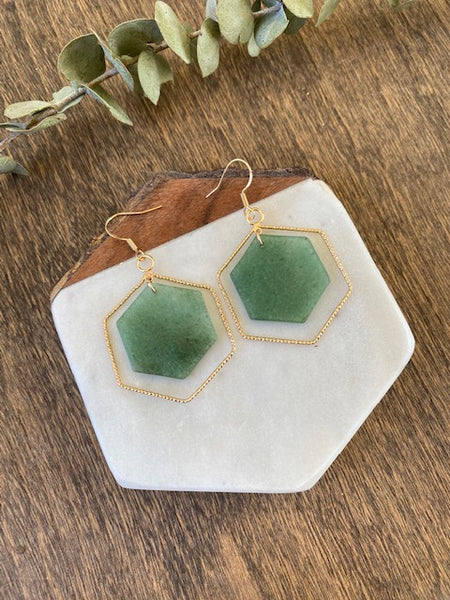 These bluish green natural stone earrings with gold twisted wire frame will add a touch of wow to your ears!  Product Details:  Hexagon shape Natural stone Twisted wire frame Fish hook design Approximately 1.50" long x 1.25" wide