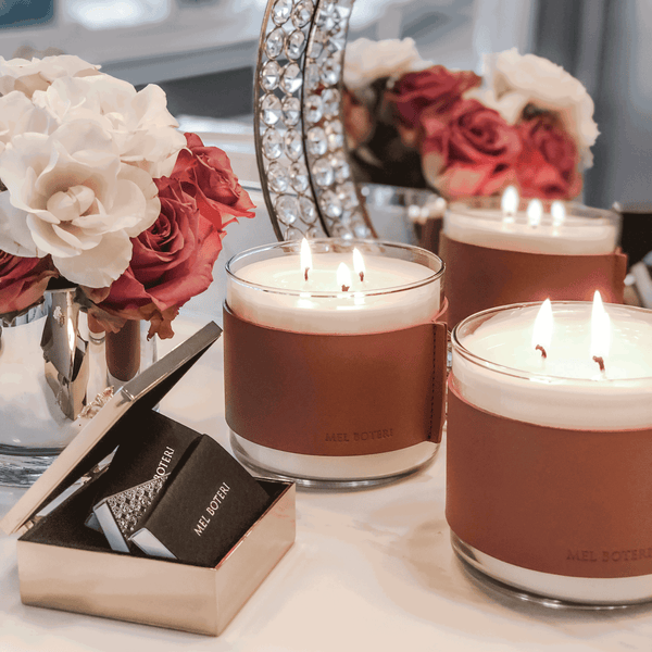 Mel Boteri Fashion Partners | Custom Leather Wrapped Candles | Corporate Meetings & Events