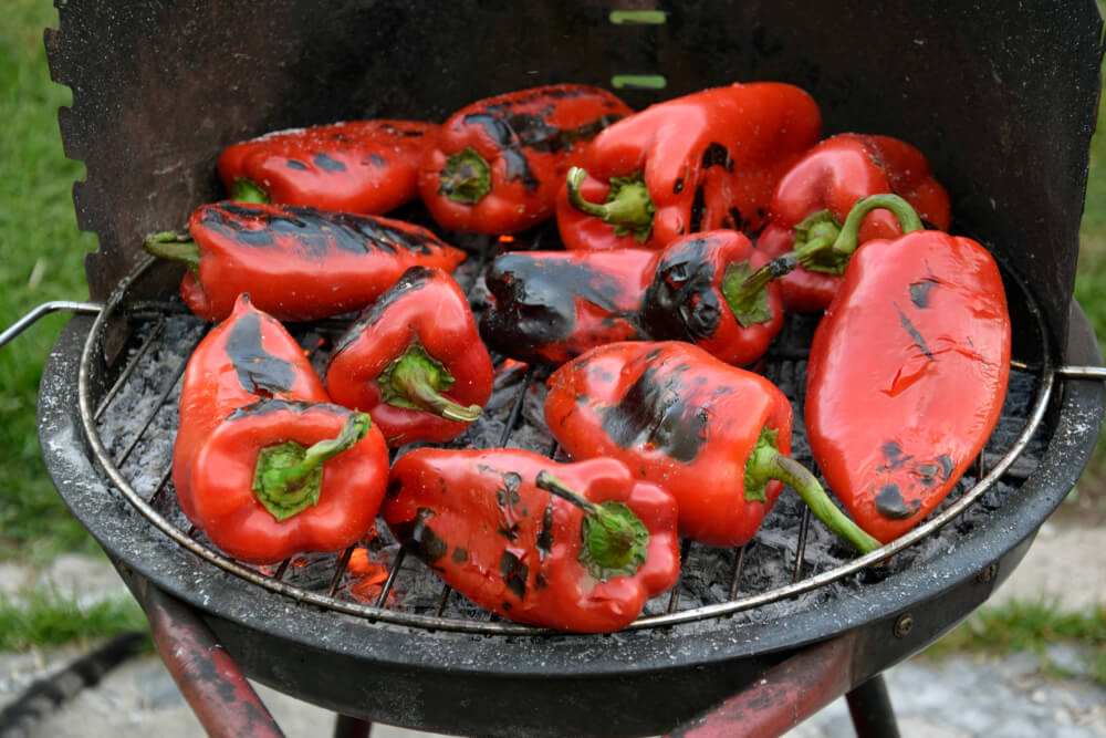 Close-Up View of Roasted Red Bell Peppers for Ajvar