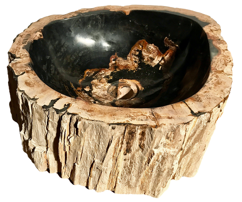 Black and brown petrified wood hand cut vessel sink from Impact Imports in Boise Idaho