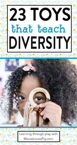 23 Toys to teach diversity and inclusion. Representation Matters in toys and this list is filled with beautiful toys that represent black and brown children. Diverse toys give children of all races more empathy, kindness, and belonging. MouseLovesPig.com