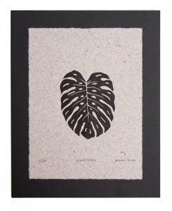 modern, botanical art, block print, original, Steven Kean, monstera palm, north shore, oahu, hawaii, black and white, washi paper