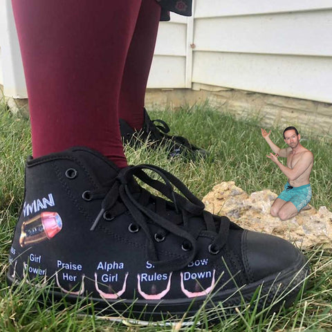 best custom shoes by heroicu our little runt man poses with his empowering black canvas high tops for Vivian Bulleit
