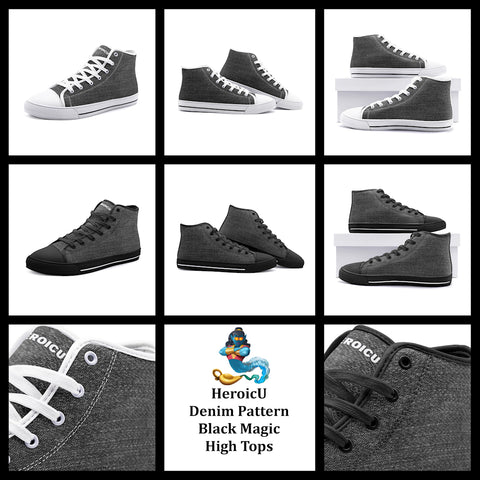 Black denim pattern canvas high tops with a black canvas pattern multiple views