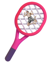 tiny-little-runt-man-flattened-on-womans-tennis-racket-small-image