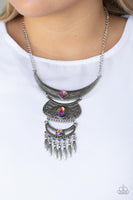 Lunar Enchantment - Multi oil spill UV shimmer crescent plate silver necklace - Paparazzi