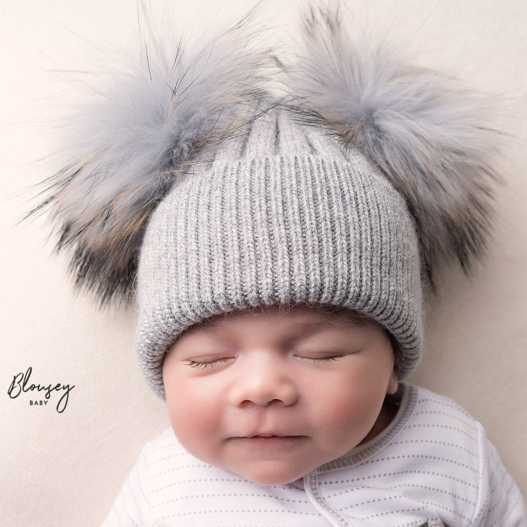 Grey Angora Double Pom Pom Hat Blousey Baby