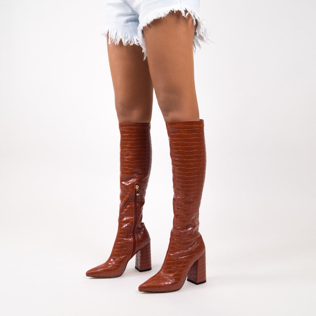 MEGAN - Croc PU Block Heel Knee High 