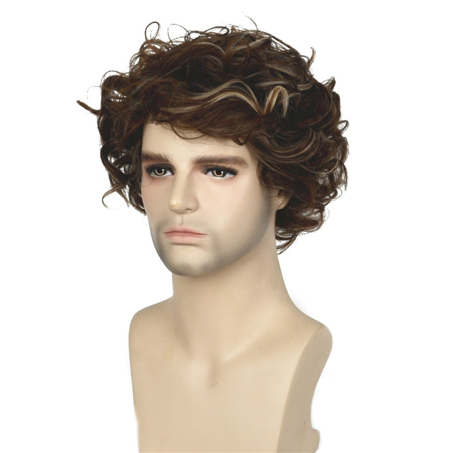 Mens Wig Brown Blonde Highlights Short Curly Synthetic Hair Full