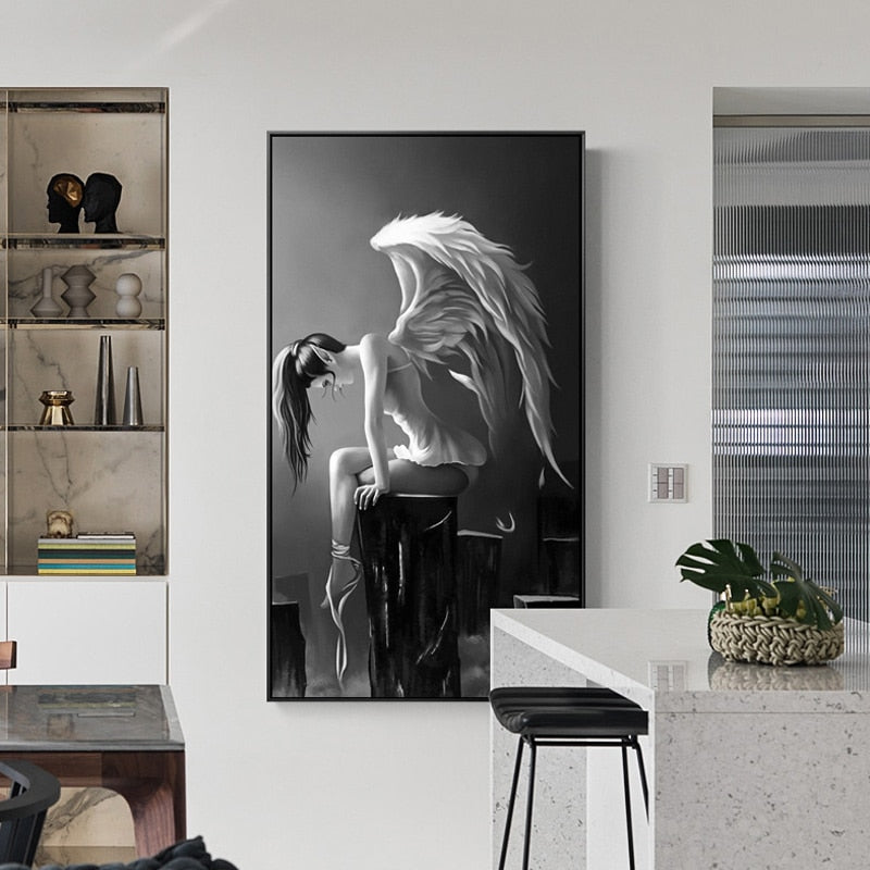 Modern Black And White Anime Poster Angel Wings Canvas Painting Art Pictures For Living Room Girls Room Child Bedroom Wall Decor