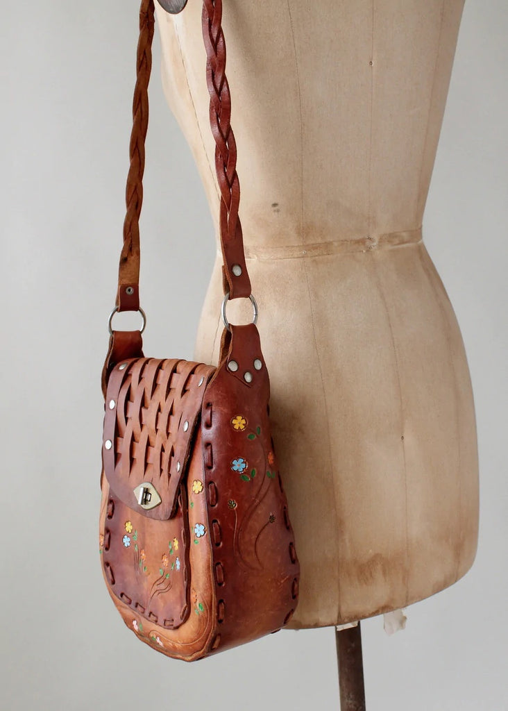 Vintage 70s Hand Tooled Leather Hippie Boho Purse