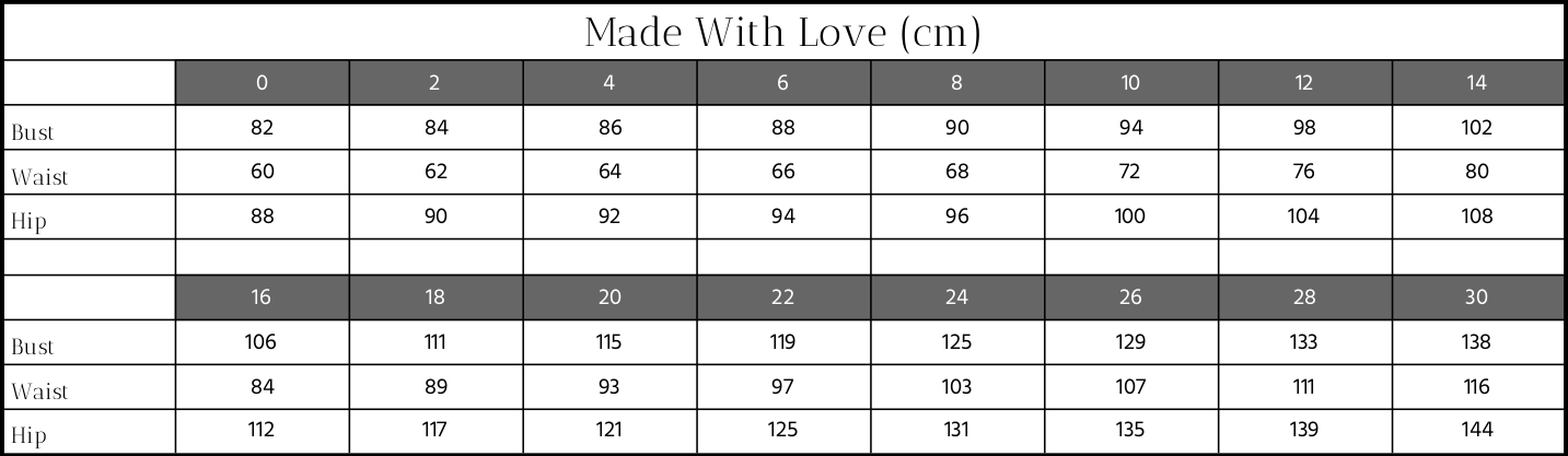 Miller Bridal Size Chart