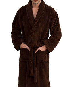 Man wearing chocolate brown robe with hands in pockets of micro-terry luxury shawl collar front patch pocket bathrobe