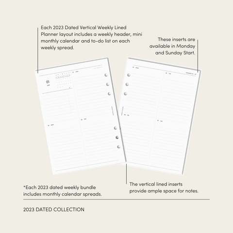 2023 Dated Planner Inserts, Vertical Weekly Lined