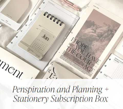 Labeled Penspiration and Planning and Stationery Box: features reporter notebooks, envelopes, and various text/graphic dashboards