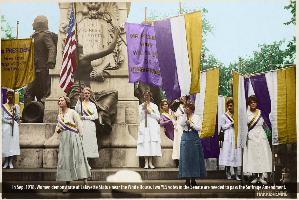 Women demonstrate at the Lafayette Statue in September 1918. Two votes are needed to pass the Amendment in the Senate.