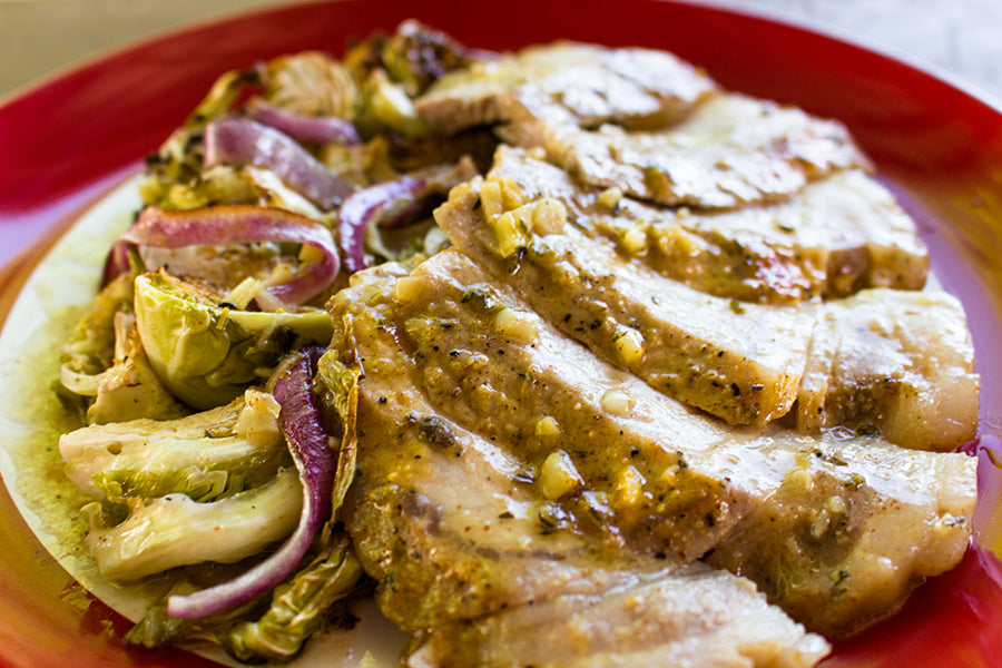 Honey Mustard Pork Chops with Roasted Brussel Sprouts