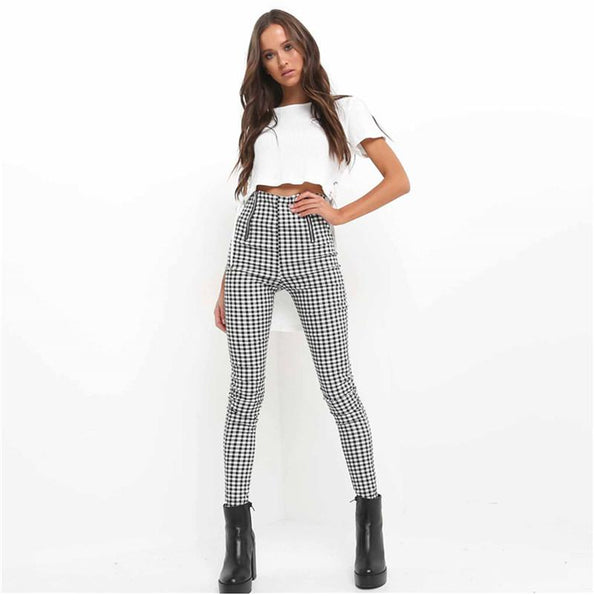 High Waist Checkered Skinny Leg Pants 