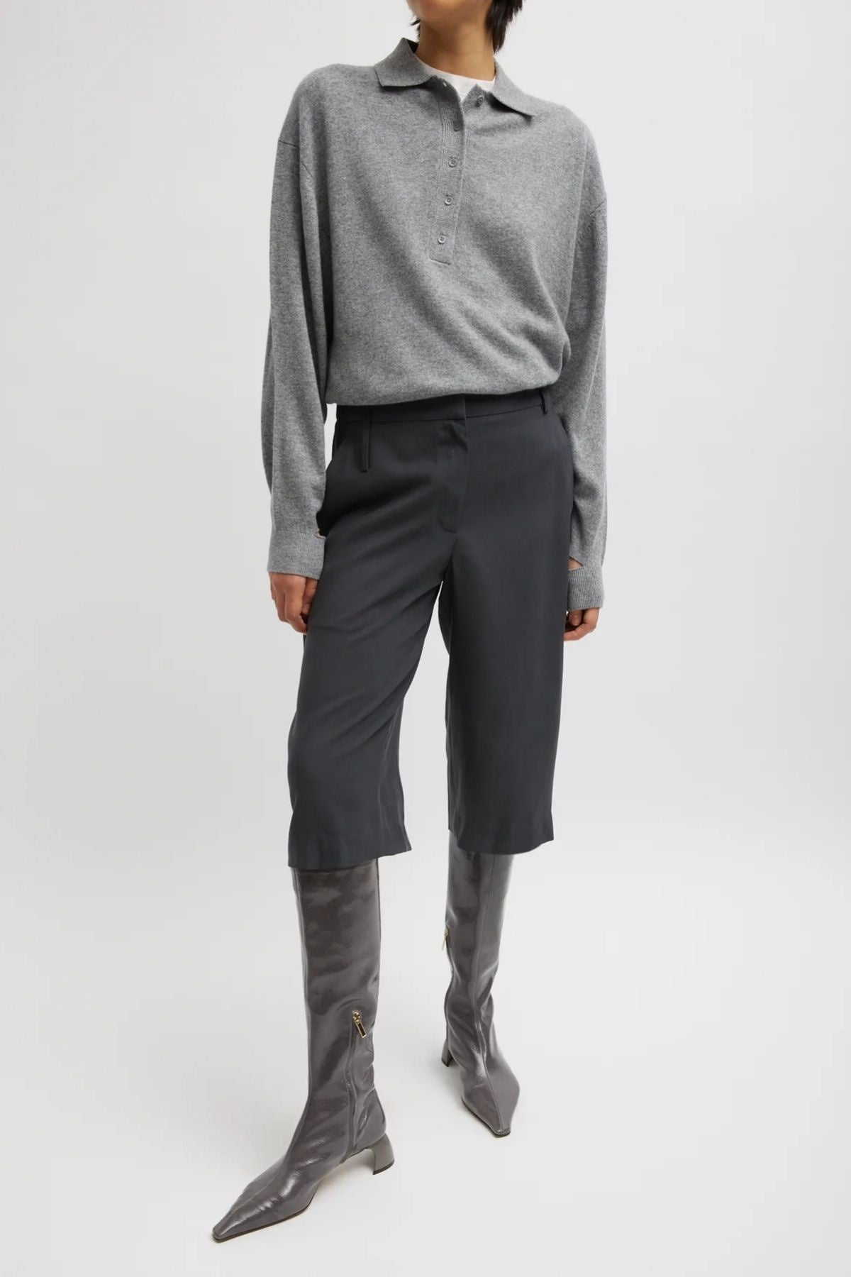 Tibi Washable Cashmere Easy Polo Sweater - Heather Grey