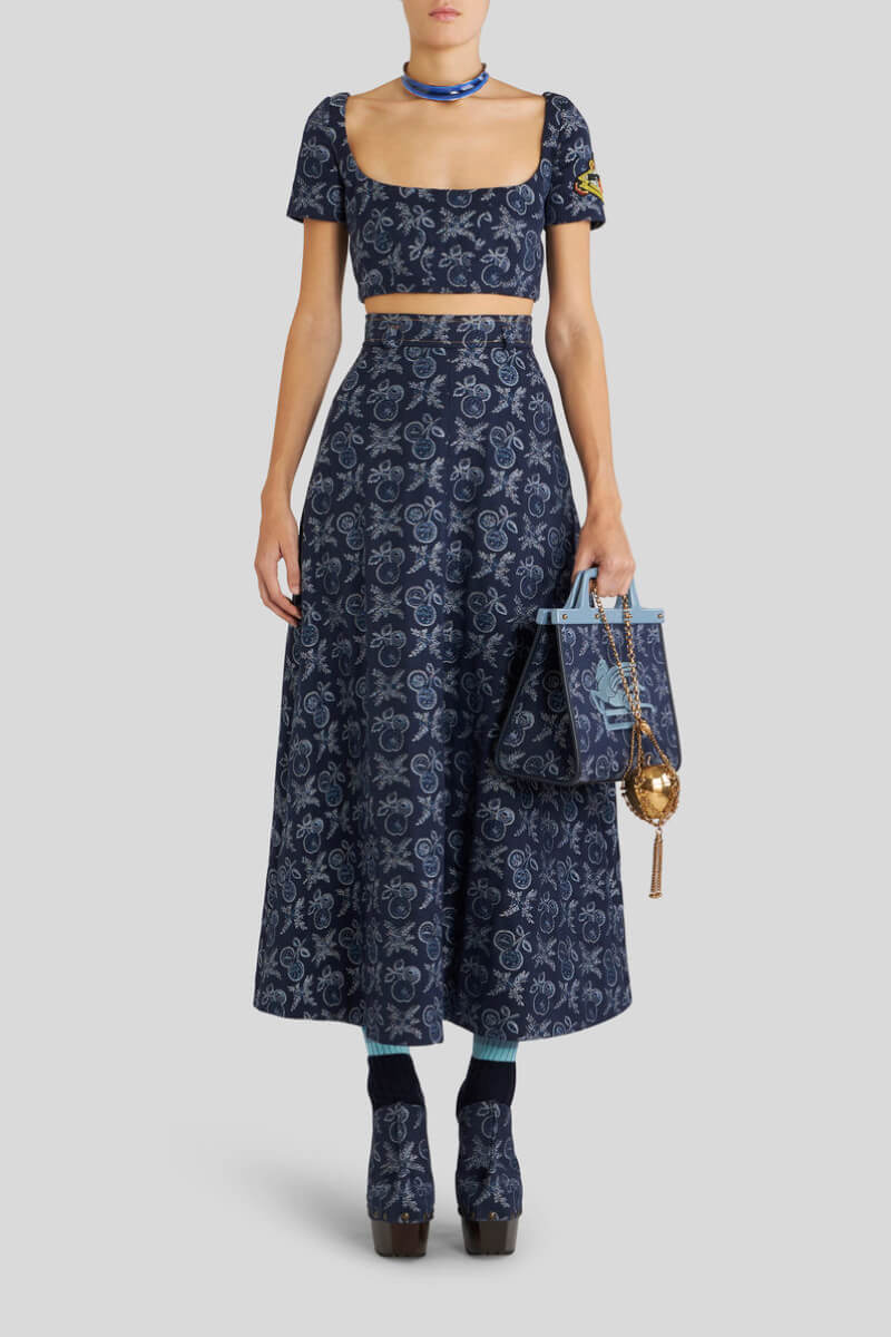 Etro Cherry Jacquard Denim Midi Skirt - Navy Blue