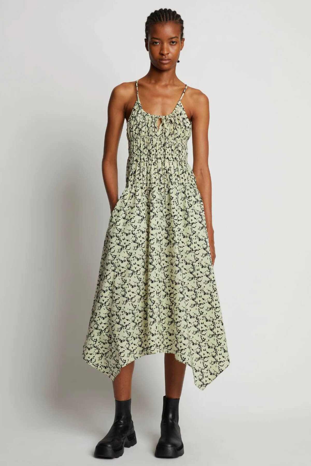 Proenza Schouler White Label Floral Poplin Ruched Dress - Black/ Buttercream