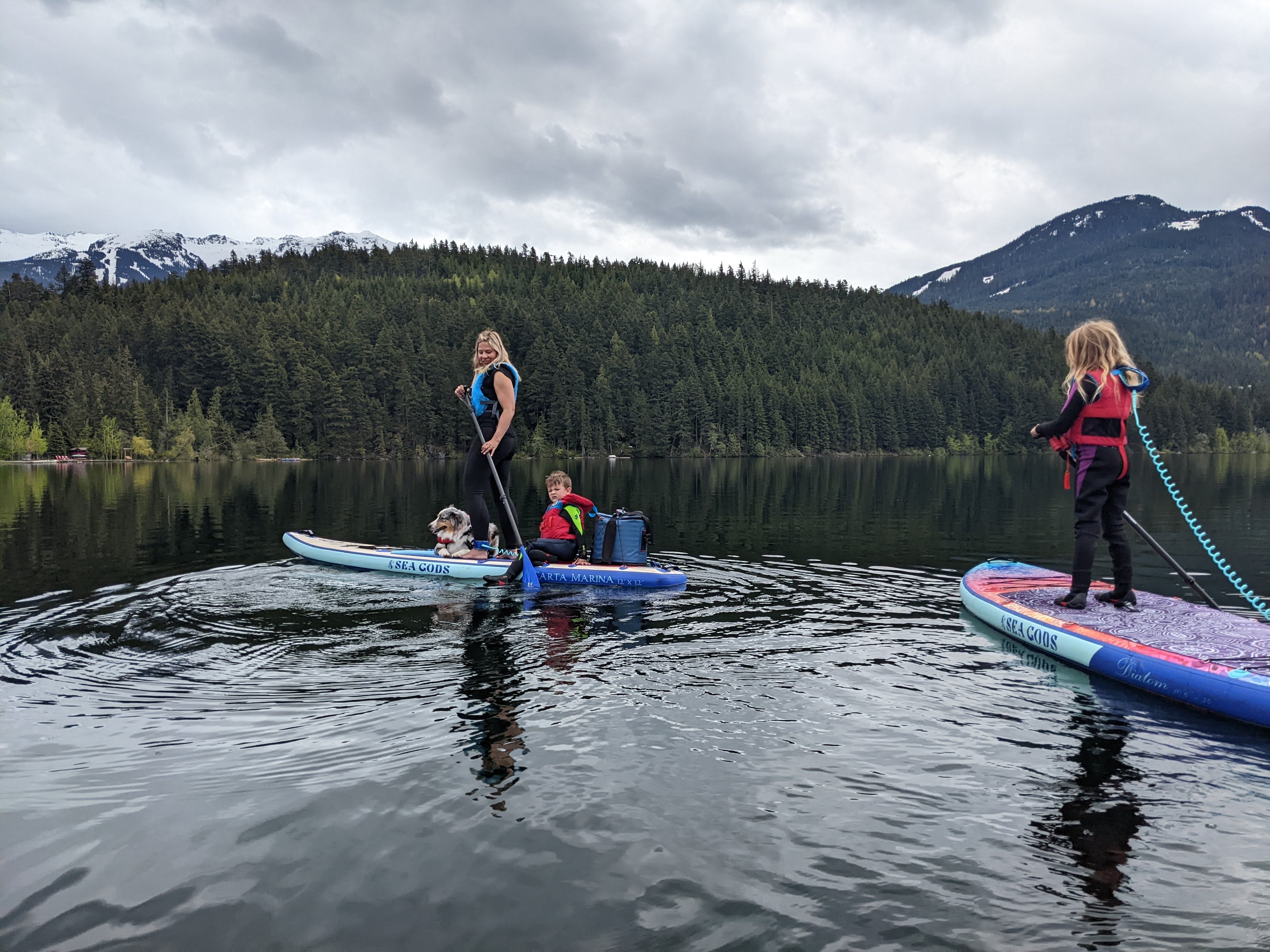 Mother and children with a dog on Sea Gods paddle boards on a lake