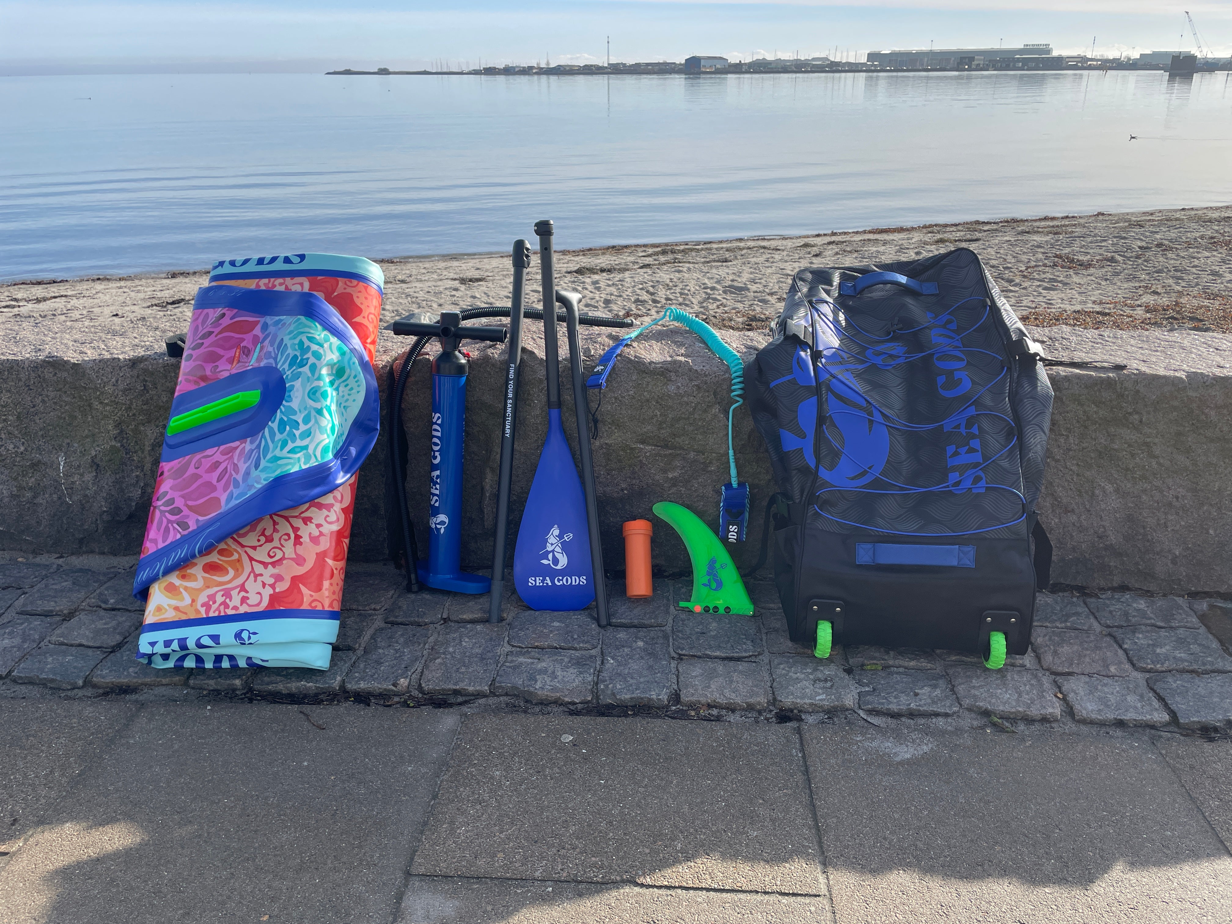 Sea Gods Inflatable stand up paddleboards include all the accessories the paddle, leash, fin, pump and bag