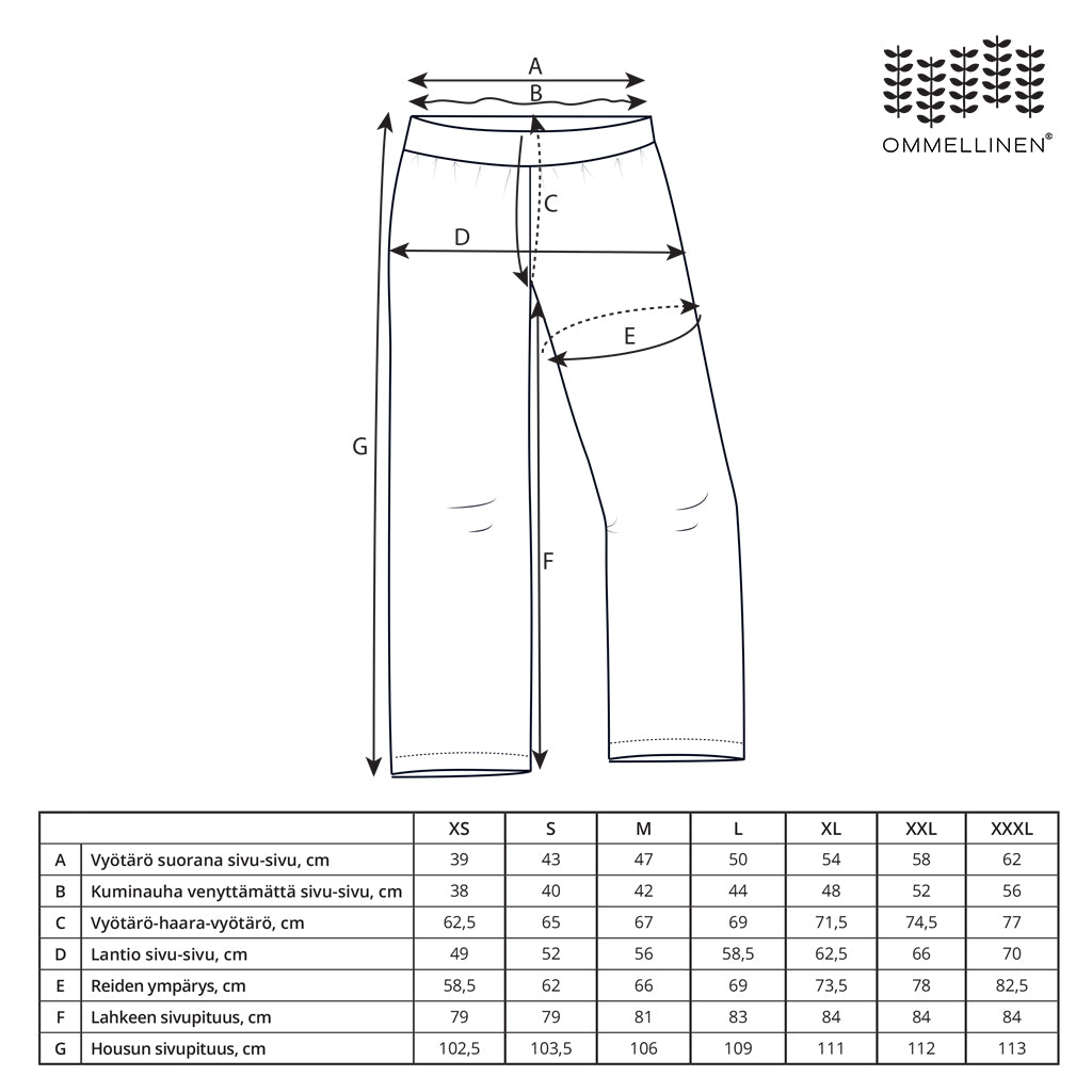 Sleep pants size chart