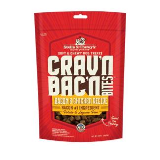 A resealable pack of Stella & Chewy's Crav'n Bac'n Bites, Becon & Chicken Recipe. Has bacon as the number 1 ingredient and is potato & legume free. Good for training.