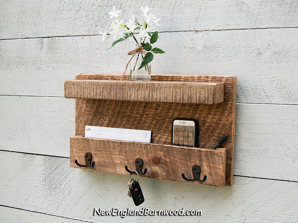 Vintage Style Rustic Entryway Wall Mail Organizer With Hooks New