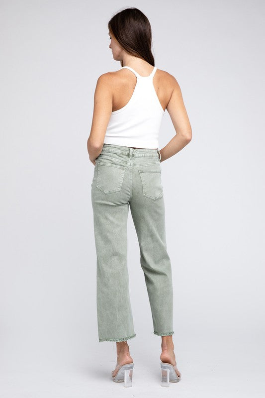 Zenana Acid Wash Straight Frayed Hem Pants - 6 Colors!